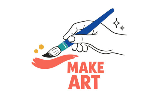 Creative artwork illustration with hand holding brush and make art text design