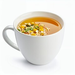 Chamomile tea infusion in a white ceramic cup against a stark white backdrop