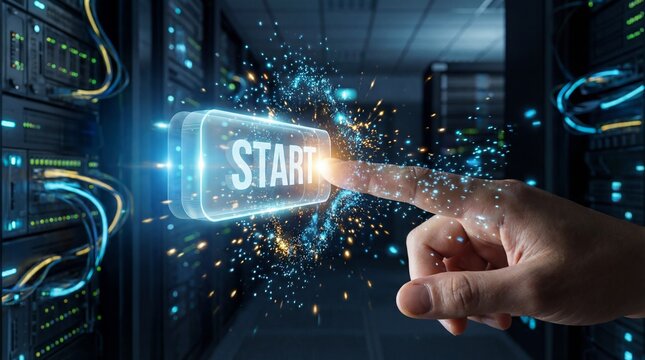Hand activating start button in data center with futuristic interface - Powered by Adobe
