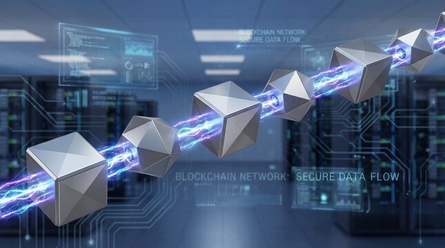 Futuristic secure blockchain network with glowing blue data connections and 3D blocks - Powered by Adobe