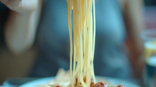 Enjoying a plate of spaghetti and meatballs with a fork during a casual dining experience at home in the evening