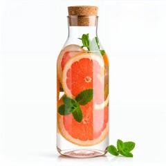 Refreshing grapefruit infusion in a clear glass bottle, presented against a clean white background