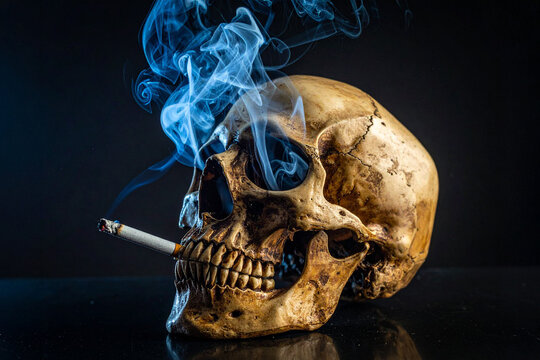 Un modello di teschio umano con una sigaretta accesa in bocca, che emette riccioli di fumo. Tema di allerta sanitaria. Il fumo nuoce gravemente alla salute.