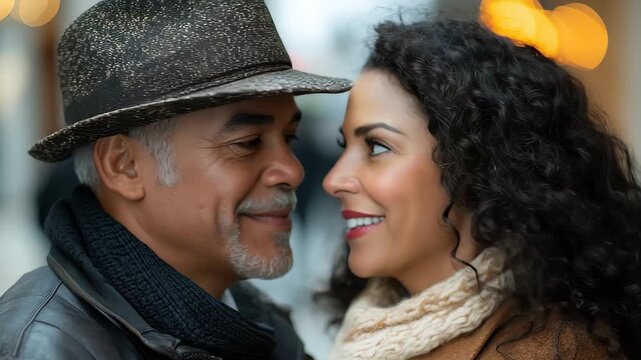 Happy couple enjoying a joyful shopping experience in a vibrant center filled with festive lights during a pleasant day
