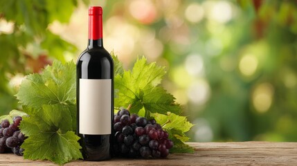 Elegant red wine bottle with blank label, grapes and leaves background