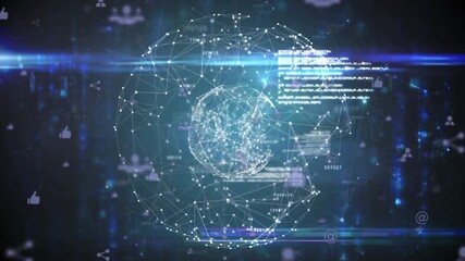 Animation of network of connections with globe and icons over data processing - Powered by Adobe