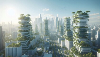 Futuristic Sustainable City with Vertical Forests and Biophilic Skyscrapers