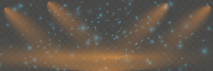 Golden spotlights isolated on a transparent, foggy, smoky background. Glowing light effect with a set of golden rays. Stage spotlight, luxurious stage lighting.