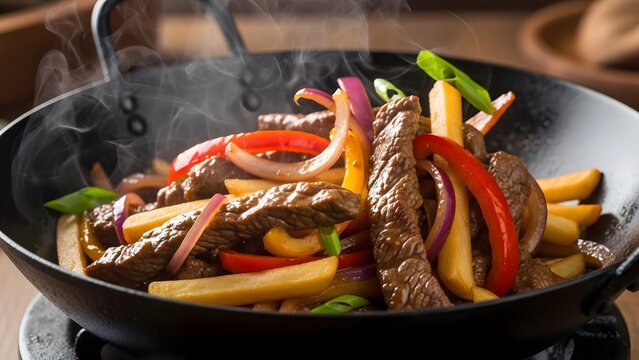 Peruvian lomo saltado beef stir fry with onions peppers fries and rice Chinese fusion wok classic