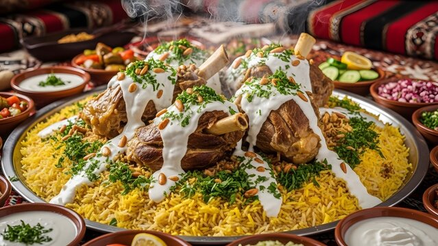 Jordanian mansaf lamb cooked in fermented yogurt served over rice with parsley traditional Bedouin feast