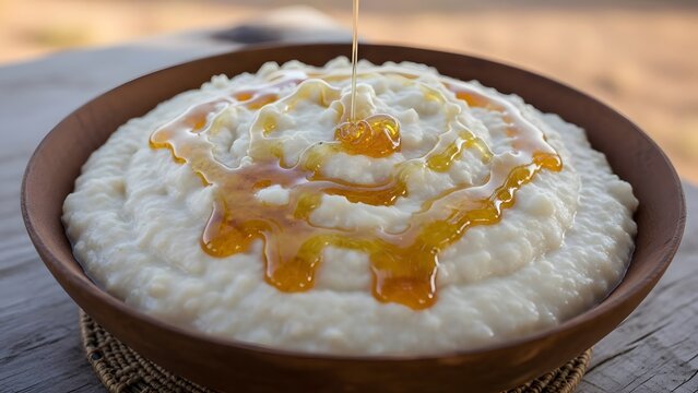Maasai style Kenyan milk porridge with ugali and honey traditional nomadic East African breakfast sustenance
