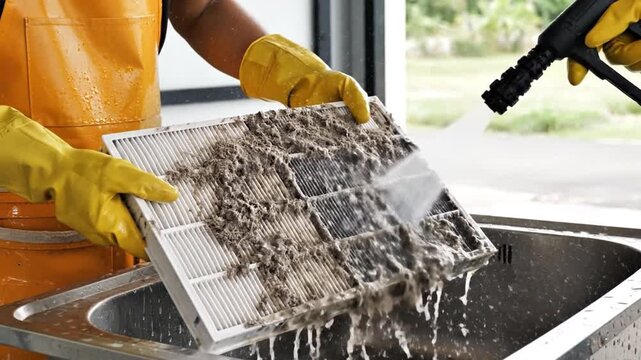 Cleaning Air Filter: A pair of hands meticulously cleans a grimy air filter using a high-pressure water sprayer, a vivid display of effective maintenance and care.