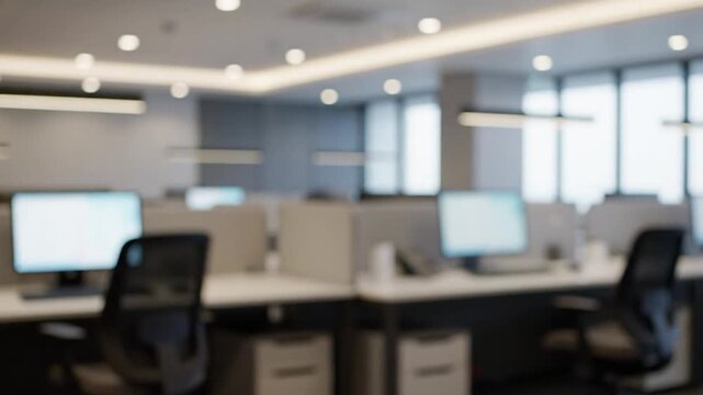 Blurred modern office cubicles with computers and chairs