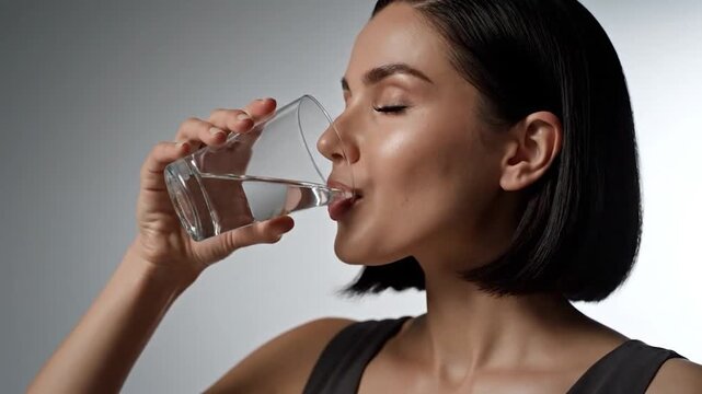 Woman drinking water from a glass with eyes closed