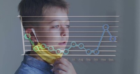 Adjusting mask, boy with animation of data graph overlay showing monthly trends - Powered by Adobe