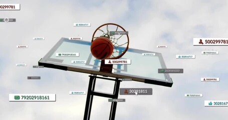 Digital data tags floating around basketball hoop under blue sky animation - Powered by Adobe