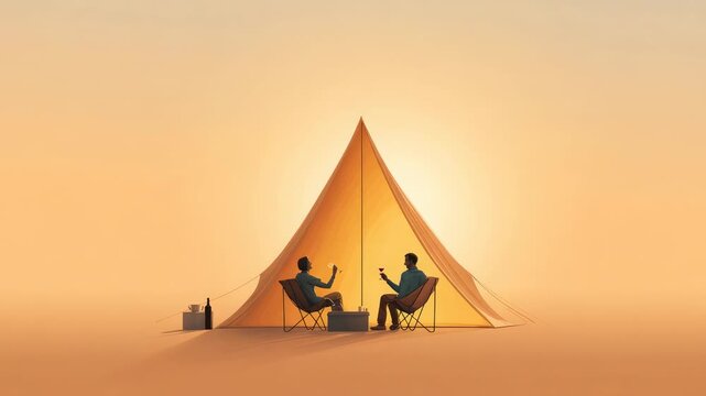 Two tourists are relaxing and drinking wine inside their tent at a desert campground during a beautiful sunset, creating a peaceful and enjoyable camping experience