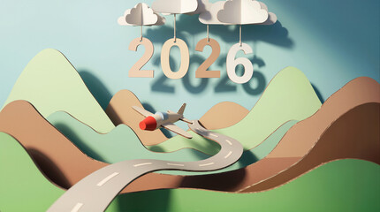 2026 New Year concept with paper cut airplane flying over winding road and hills, symbolizing future travel journey, adventure planning and tourism goals