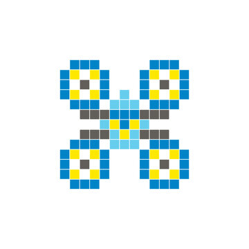 A flat pixel design made of geometric square color blocks on a clean icon layout. Pixel art drone