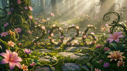 Creative 2026 floral text made of green vines and pink flowers in magical forest with sunlight, nature concept for new year celebration and spring season fantasy background