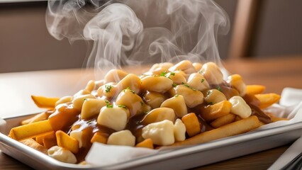 Canadian poutine with hot fries squeaky cheese curds and rich brown gravy cozy Quebec comfort classic