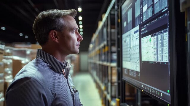 Logistics manager overseeing automated warehouse operations while monitoring real-time inventory management systems during evening hours
