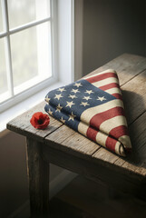 Folded American flag and red poppy flower on rustic wooden table near window, solemn tribute for Veterans Day and Memorial Day remembrance, patriotic military honor symbol.