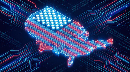 Futuristic digital circuit board map of USA with glowing neon flag stripes and microchip stars, symbolizing American technology, AI innovation, cyber security 