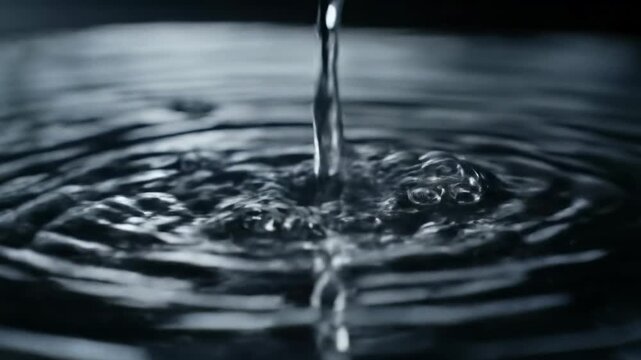 Ultra-slow motion macro video of a pristine, crystal-clear water stream cascading onto a dark, highly reflective surface, creating intricate splashes and delicate ripples with pleasing bokeh in