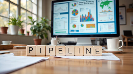 Fototapeta premium Sales pipeline analytics for lead management and revenue forecasting with KPI reporting dashboard, supporting CRM strategy, deal tracking and conversion optimization for growth planning