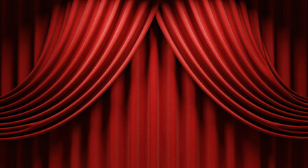 Red stage curtain drapery opens to reveal a rich velvet backdrop suitable for a theater performance or movie premiere, setting the scene for an upcoming grand opening event or formal presentation
