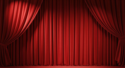 Theater stage curtain with side drapes framing a closed backdrop for show opening and event presentation, used for performance promotion, award ceremony introduction and cinema premiere announcement