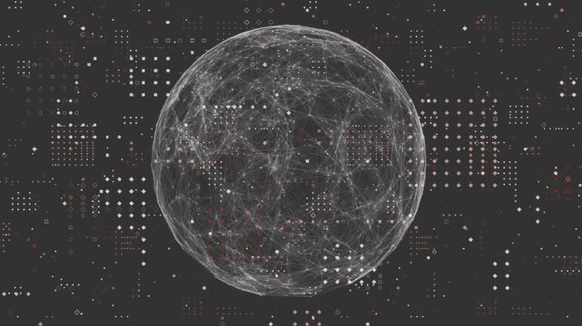 Opening canvas starting rotating network sphere, pattern fading and red nodes pulsing for data view