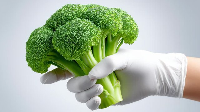Hand in medical glove holding fresh green broccoli bunch showcasing vibrant texture and healthy appearance, emphasizing the importance of nutrition and fresh produce in dietary choices for wellness