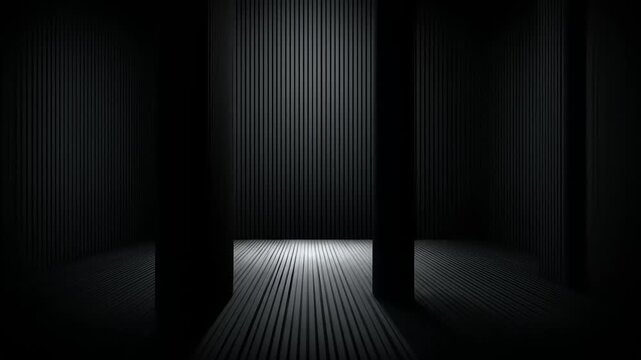Abstract dark interior with linear patterns and pillars in a moody atmosphere