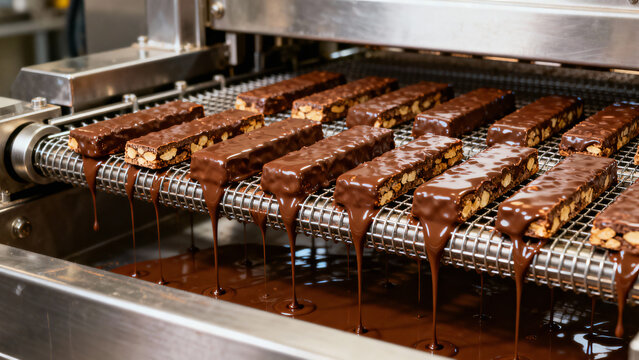 Chocolate-coated candy bars on a conveyor belt in a production facility