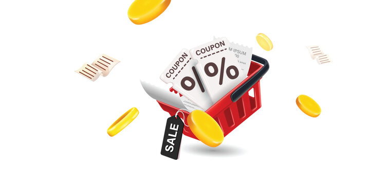 Coupon up to 50% off black rips floating in air with coin. all on white background.gift voucher 50% discount on shopping.summer offer ends weekend holiday.Big sale and super sale coupon code discount