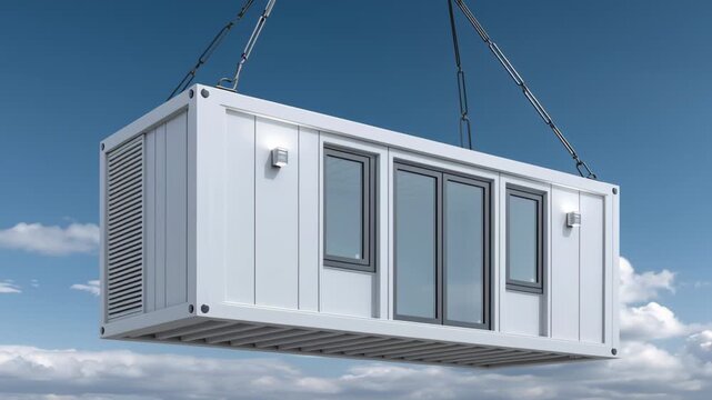 Container being lifted by crane in a clear blue sky showcasing detailed exterior features and windows, demonstrating the process of transportation for modular building units in construction