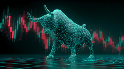 Digital bull market rising with financial candlestick chart