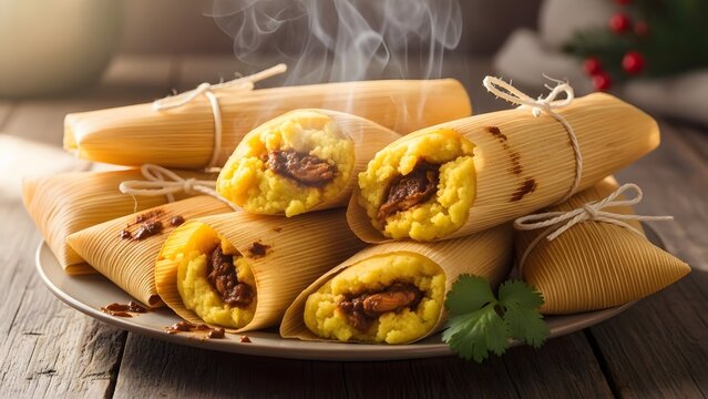 Assorted Mexican tamales wrapped in corn husks with masa chicken and mole classic holiday comfort tradition