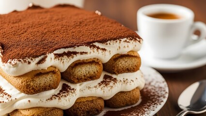 Classic tiramisu dessert with coffee soaked ladyfingers mascarpone cream and cocoa dust Italian layered indulgence