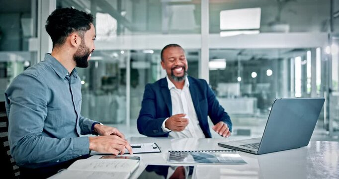 Handshake, meeting and business men in office with paperwork for finance deal, agreement or merger. Smile, team or workers shaking hands for collaboration, corporate partnership or financial contract