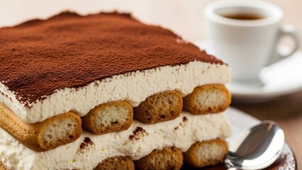 Overhead tiramisu in dish with neat coffee soaked layers mascarpone cream and cocoa classic café favorite