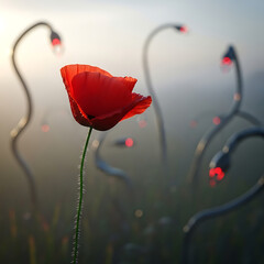 Vibrant red poppy flower standing tall in a surreal landscape