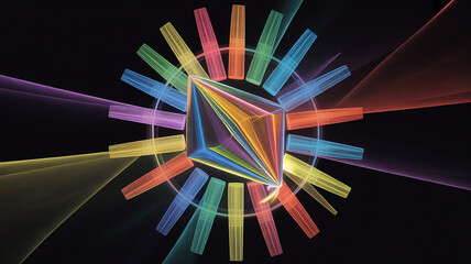 A geometric fractal shape expands outward into colorful light bursts symbolizing a futuristic countdown rendered as abstract digital art with dynamic motion luminous energy 