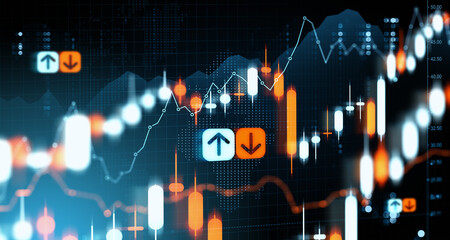Dynamic visualization of financial trading graph with glowing candlesticks, trend lines, and up-down arrows on futuristic blur background concept. 3D Rendering