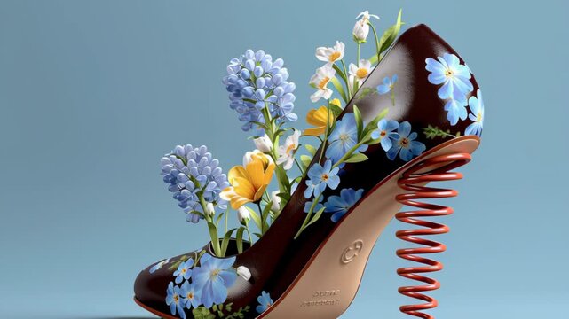 High-heeled shoe adorned with vibrant flowers showcasing a unique design evolution, featuring intricate floral patterns and a distinctive spiral heel, emphasizing artistic footwear innovation and crea