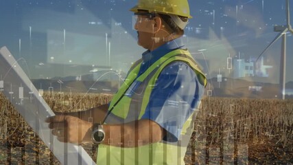 Animation of graphs over caucasian male worker with plans and field with wind turbine - Powered by Adobe