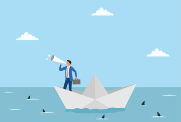 Obraz premium Vector illustration of a businessman standing on a paper boat, announcing through a megaphone, symbolizing leadership, communication, bold ideas, and innovation 