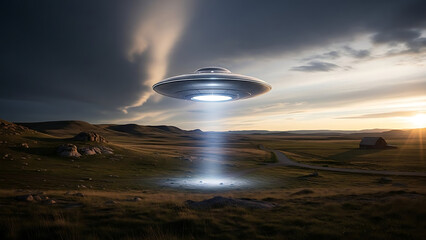 Mysterious UFO lands in rural landscape at sunset suddenly
